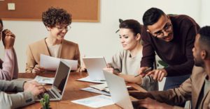 Employees in a group discussion